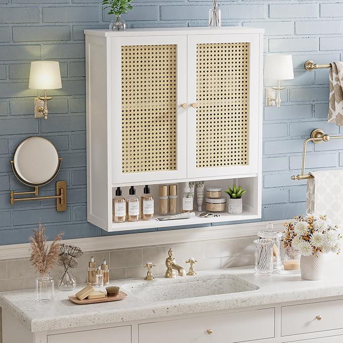 Bathroom Wall Cabinet, Bamboo Over-The-Toilet Storage Organizer with 2 Rattan Doors and Adjustable Shelf, Space Saver Medicine Cabinet for Laundry, Kitchen, Living Room (White) - ModernBath