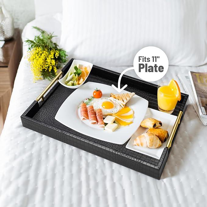 ATZYmolin 17" x 12" Wood Serving Tray with Gold Polished Metal Handles, Home Decorative Wooden Rectangle Ottoman Leather Decor Platter Bathroom Vanity Tray for All Occasions Alligator Black - ModernBath