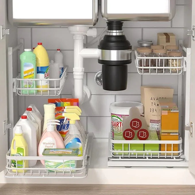 Under Sink Organizer, Adjustable Height Pull-Out Kitchen Storage Organization,15.8" x 11.8" x 16.5",2-Tier Kitchen Shelf,Bathroom Drawer Organizer, White - ModernBath