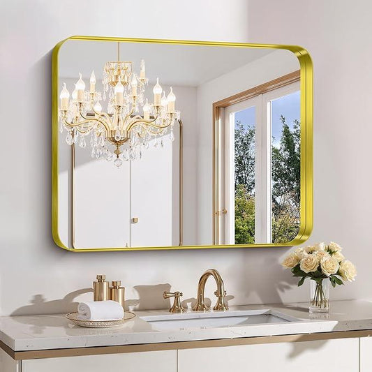 FORBATH 30x36 Inch Bathroom Mirror, Brushed Gold Deep Frame Wall Mirror with Rounded Corners, Anti-Rust Tempered Glass for Modern Farmhouse Vanity (Horizontal/Vertical Hanging) - ModernBath