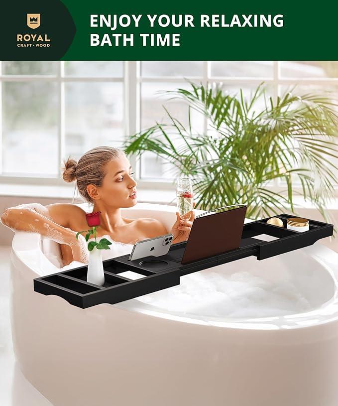 ROYAL CRAFT WOOD Premium Foldable Bathtub Tray - Wood Bath Tray for Tub, Bamboo Shelf, Expandable Bath Table Trays, Bathtub & Bathroom Accessories for New Home & Mothers Day & Birthday Gifts for Mom - ModernBath