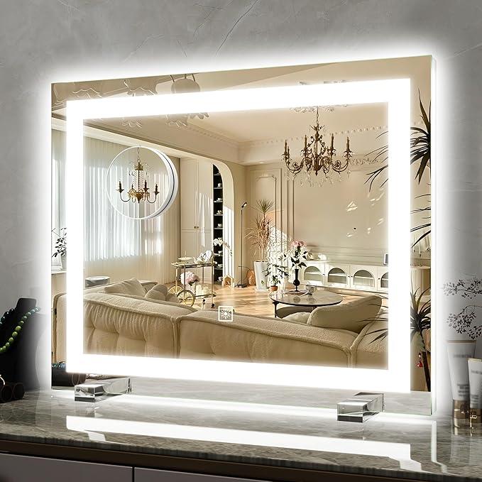 ROLOVE 22x20 Inch Lighted Vanity Mirror, 3-Mode Touch Dimming LED Lighting, Large Makeup Mirror for Dressing Room, Tabletop or Wall-Mounted, White - ModernBath