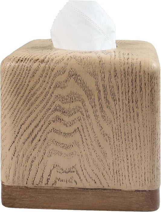 Hymmah Wooden Texture Square Tissue Box Cover Cube Tissue Holder Unique Design Klenex Box Dispenser for Bathroom Vanity Counter Tops Also Great for Bedrooms and Living Rooms - ModernBath