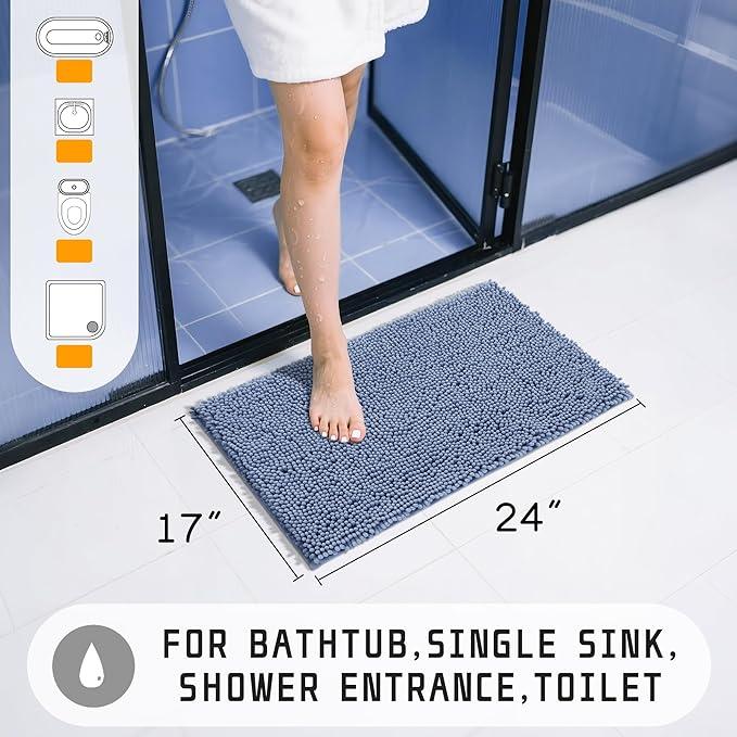 Yimobra Washable Bathroom Rugs, Super Soft & Absorbent Chenille Bath Mat for Floor & Carpet, Quick Dry Non Slip Bath Mat for Tub Shower, 24" x 17",Denim Blue - ModernBath