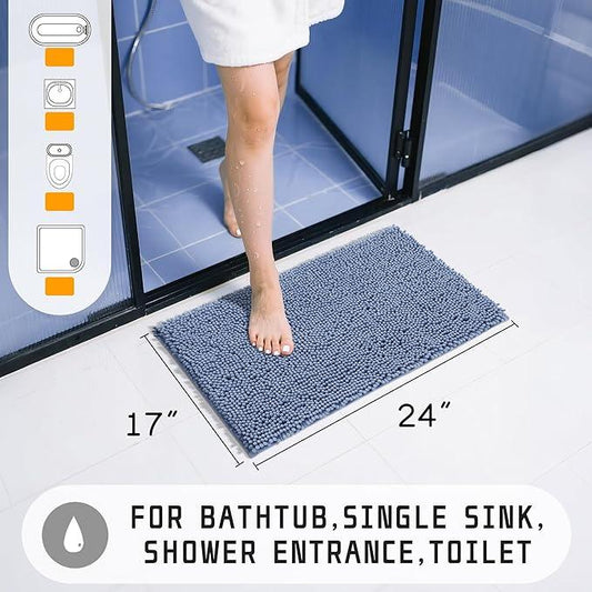 Yimobra Washable Bathroom Rugs, Super Soft & Absorbent Chenille Bath Mat for Floor & Carpet, Quick Dry Non Slip Bath Mat for Tub Shower, 24" x 17",Denim Blue - ModernBath