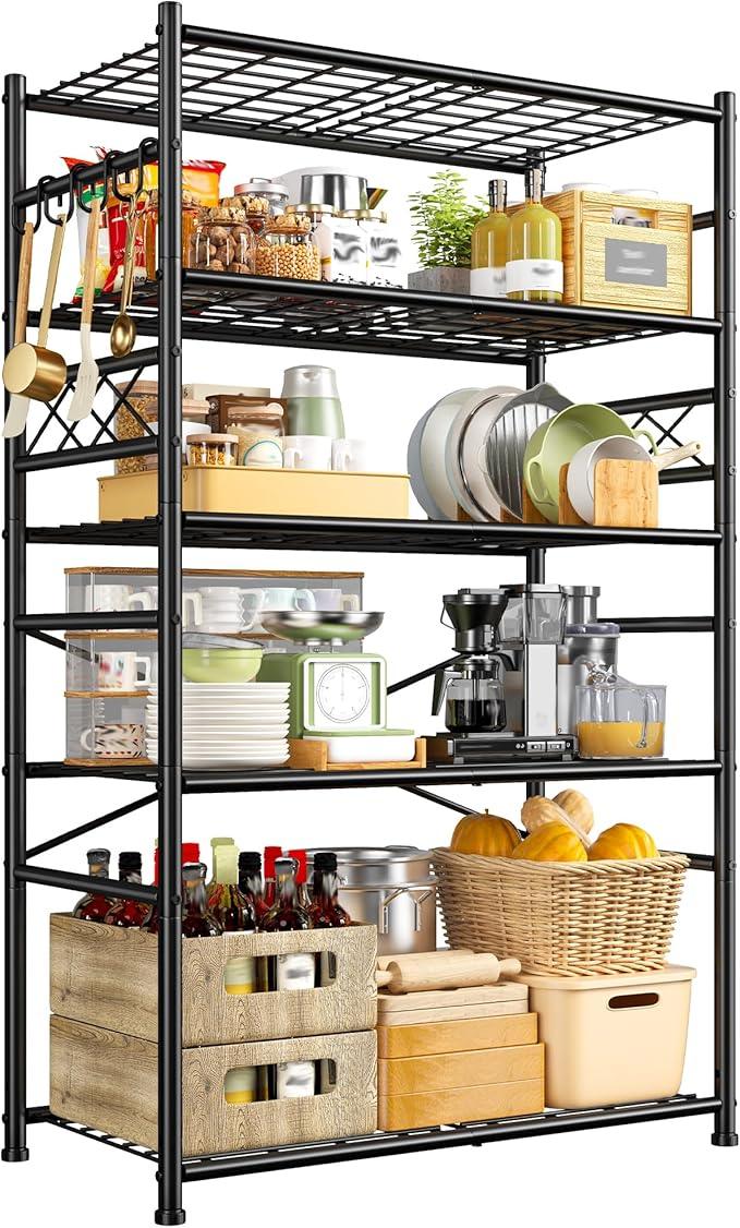 Storage Shelves 5-Tier Large Capacity Wire Shelving with Hooks, Heavy Duty Garage Shelving Unit with Leveling Feet, Stable Metal Shelf for Pantry, Kitchen and Closet, 72" H x 36" W x 12" D, Black - ModernBath
