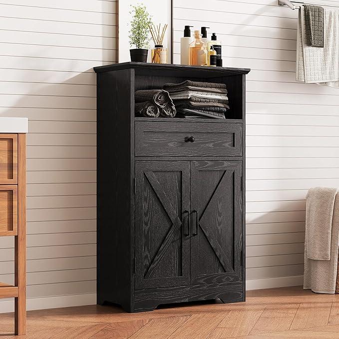 Floor Cabinet, Farmhouse Storage Cabinet with Barn Doors and Drawer, 11.81" D x 23.62" W x 39.37" H Black Freestanding Adjustable Shelf Organizer for Bathroom, Kitchen, Living Room - ModernBath