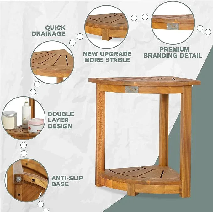 VICTORY RELAX Acacia Wood Corner Shower Stool - Waterproof Triangular Bathroom Bench with Storage Shelf & Soap Dish for Shaving, Natural Wood (17.9x12.7x16.5) - ModernBath