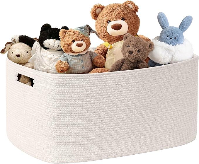 72L Large Baby Girls Laundry Basket for Nursery Storage,Cute Woven cotton Rope Baskets for Kids Toy，Gifts,Boho Square Wicker Blanket hamper for Living Room,Bedroom Dirty Clothes, White - ModernBath
