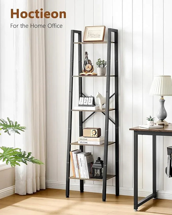 Hoctieon 5-Tier Industrial Ladder Bookshelf, Narrow Ladder Shelf, Tall Standing Bookshelf, Skinny Open Ladder Shelf, for Living Room, Home Office, Kitchen, Bedroom, Metal Frame, Greige - ModernBath