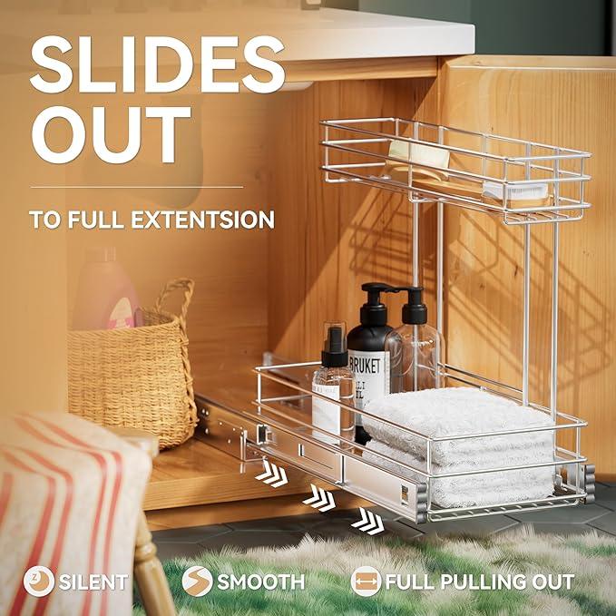 Under Sink Organizer 9"W X18.5"D，Pull Out Cabinet Organizer 2 Tier，Under Sink Slide Out Organizer Chrome Plated, Under Kitchen Bathroom Sink Organizer, Pantry Cabinet Closet Organization Rack, 1 Pack - ModernBath