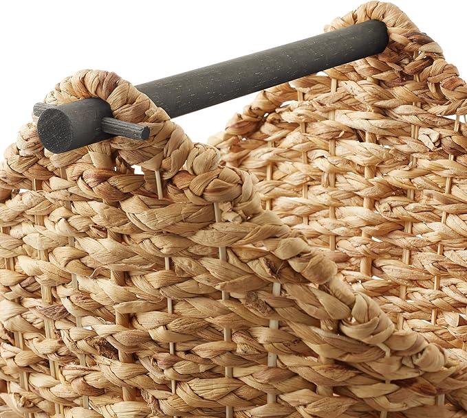 Casafield Toilet Paper Storage Basket with Wood Roll Holder Bar - Natural, Braided Water Hyacinth Wicker Bathroom Tissue Storage Organizer - ModernBath