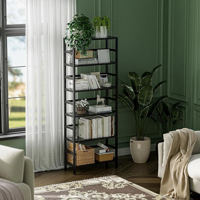 HITNET Bamboo Bookshelf, 6-Tier Tall Open Bookcase with Adjustable Shelves, Floor Standing Storage Shelf Unit for Living Room Bathroom Home Office, Black - ModernBath