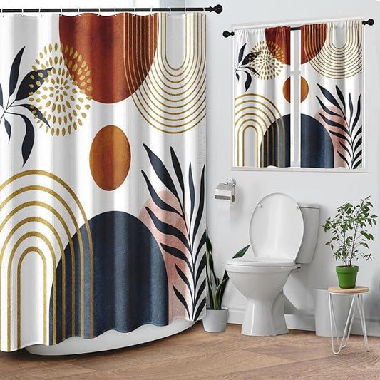 Culudea Boho Geometric Leaf Shower Curtain Set, Mid Century Sun Bohemian Bathroom Window Waffle Textured Cloth Waterproof Shower Curtains for Bathroom Decor - ModernBath