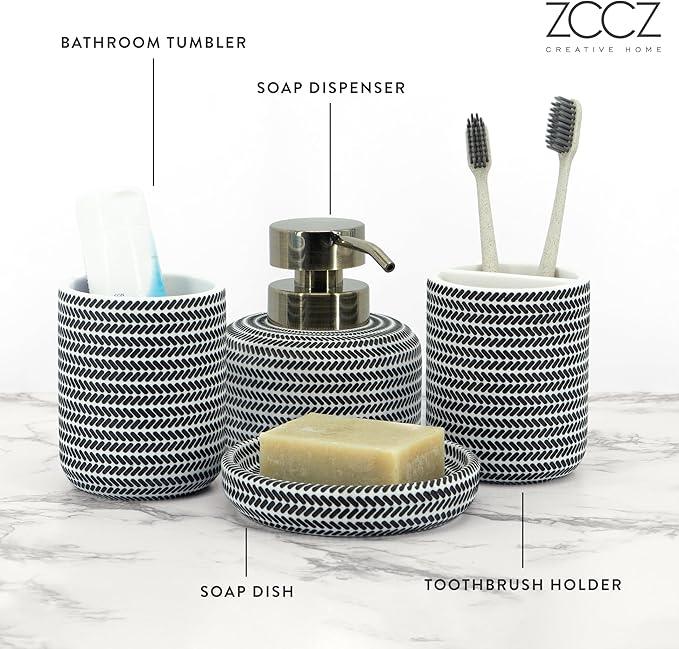 ZCCZ Black and White Bathroom Accessories Set, 4 Pieces - Toothbrush Holder, Soap Dispenser, Vanity Tray, Tumbler - Countertop Organizer for Bathroom Decor - Modern Accessory Set for Home and Office - ModernBath