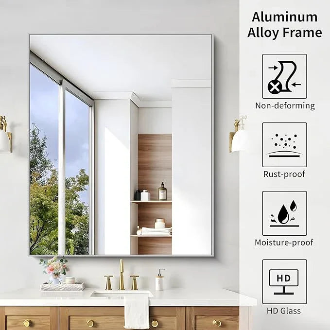 KOCUUY Silver Framed Mirror, 48"x40" Large Rectangle Bathroom Mirror for Wall, HD Tempered Glass, Anti-Rust Brushed Silver Frame, Modern Design for Bathroom, Bedroom, Living Room, Entryway - ModernBath