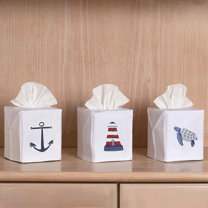Jacaranda Living Square Tissue Box Cover, Linen/Cotton Fabric Tissue Holder, Decorative Cloth Tissue Cube Cover, Coastal Designs Lighthouse (Red/White) - ModernBath