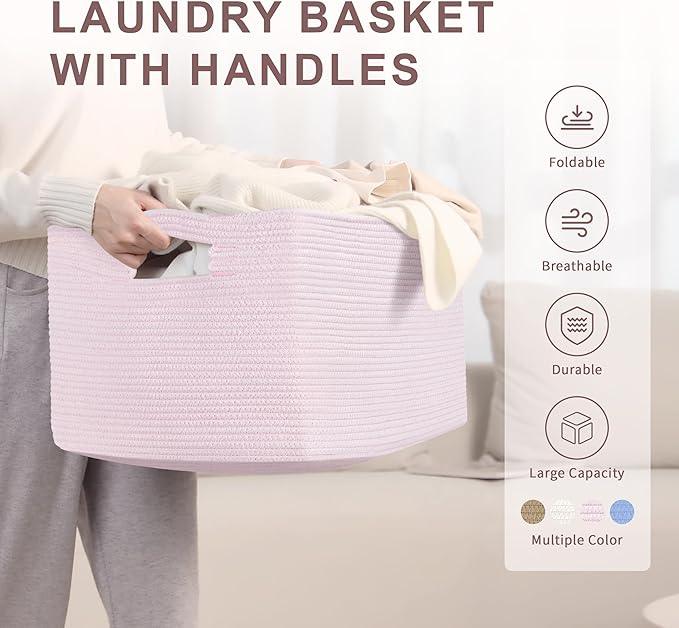 72L Large Baby Girls Laundry Basket for Nursery Storage,Cute Woven cotton Rope Baskets for Kids Toy，Gifts, Boho Square Wicker Blanket hamper for Living Room,Bedroom Dirty Clothes,Pink - ModernBath