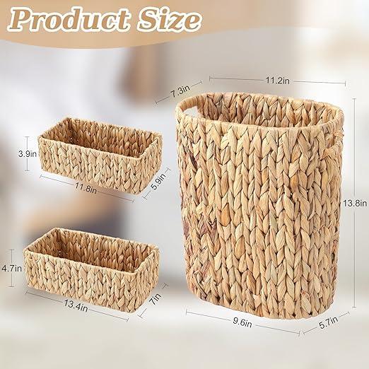 BSSN Water Hyacinth Trash Can 15L & Toilet Tank Basket,Natural Wicker Waste Bin with 2 Multifunctional Organizer Baskets for Bathroom, Toilet, Kitchen, Bedroom, Office, Balcony Decor - ModernBath