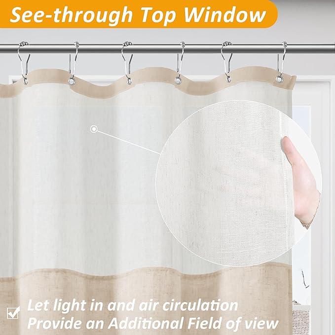 Naturoom Natural Linen Shower Curtain with Snap in Liner Set Rustic Farmhouse Shower Curtains for Bathroom 200GSM Textured Cream Burlap Cloth Double Bath Curtains with See Through Top Window 72x84 - ModernBath