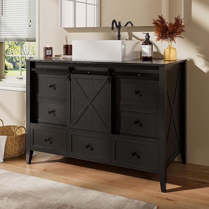 VNN Bathroom Vanity with Sink - 48 Inch Bathroom Vanity with Sink Ceramic, Freestanding Cabinet with Farmhouse Sliding Barn Door and 7 Drawers, Space-Saving Storage Cabinet, Wood Grain Texture, Black - ModernBath