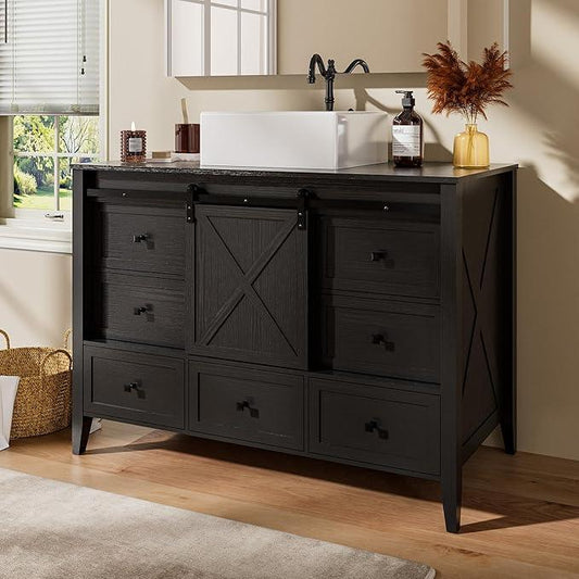 VNN Bathroom Vanity with Sink - 48 Inch Bathroom Vanity with Sink Ceramic, Freestanding Cabinet with Farmhouse Sliding Barn Door and 7 Drawers, Space-Saving Storage Cabinet, Wood Grain Texture, Black - ModernBath
