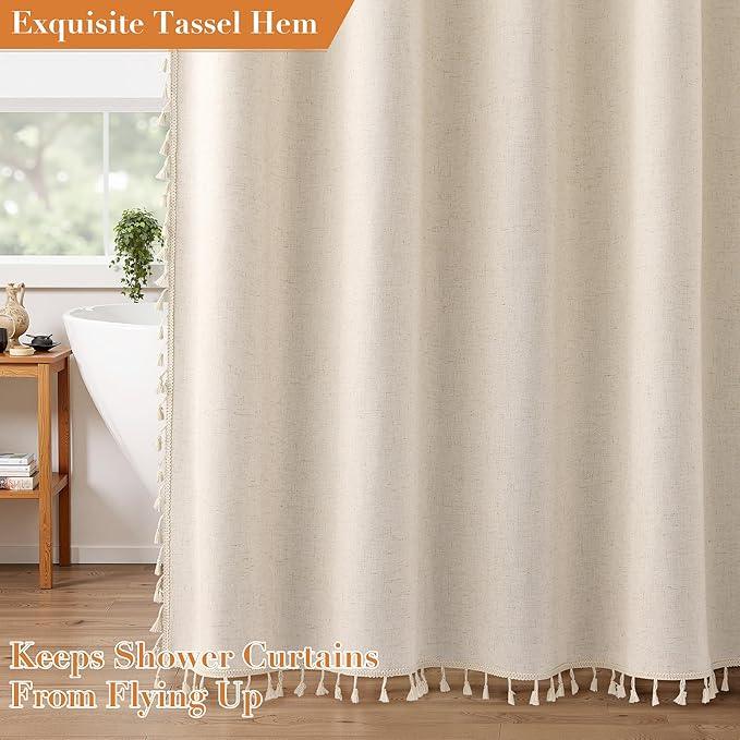 Nanspring Beige Boho Linen Shower Curtain 72 Inch Cute Tassel Natural Boho Vintage Rustic Fabric Bath Curtain Set with Hooks Neutral Farmhouse Country Elegant Shower Curtain for Bathroom 72x72, Beige - ModernBath