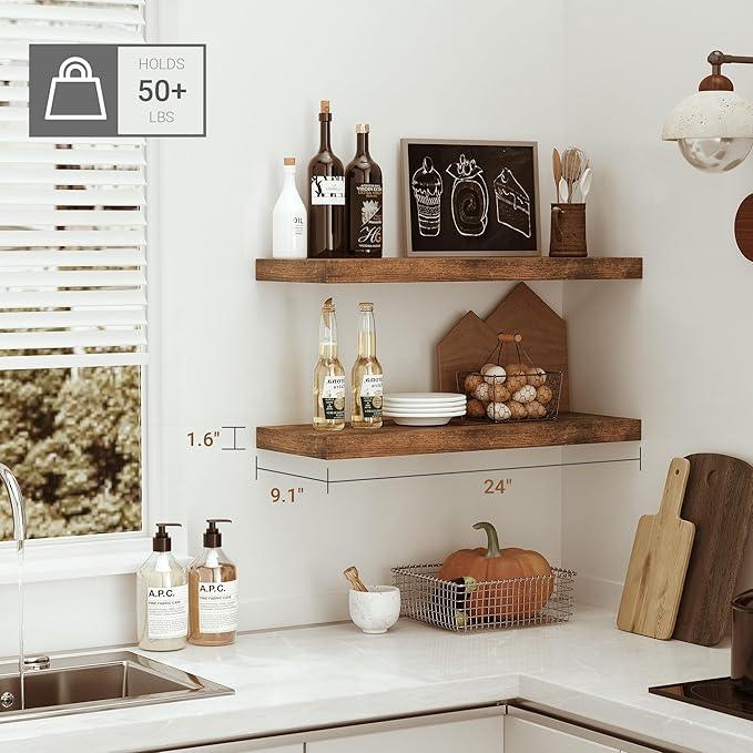 Vivelove 24 inchs Bathroom Floating Shelves for Wall, 9.1” Deep x 1.6” Thick Wall Shelves for Bedroom, Living Room, Kitchen, Office, Rustic Farmhouse Shelf Decor with Invisible Bracket, Set of 2 - ModernBath