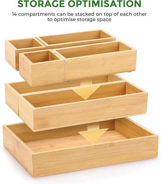 Bamboo Drawer Organizer Set, 14 PCS Multi-Use Individual Wood Storage Organizers, Junk Drawer Divider and Storage Trays Containers for Kitchen, Bathroom, Office Desk, Makeup, Jewelry, Utensils - ModernBath