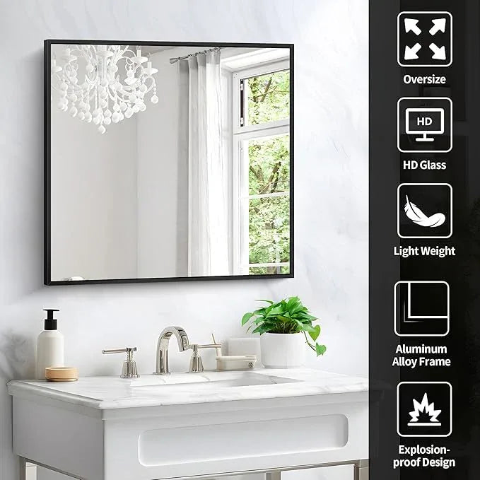 COFENY Black Bathroom Mirror for Wall, 30x30 Inch Rectangle Mirrors with Metal Frame, Modern Vanity Wall Square Mirror for Bathroom Living Room, Entryway Hangs Horizontal or Vertical - ModernBath
