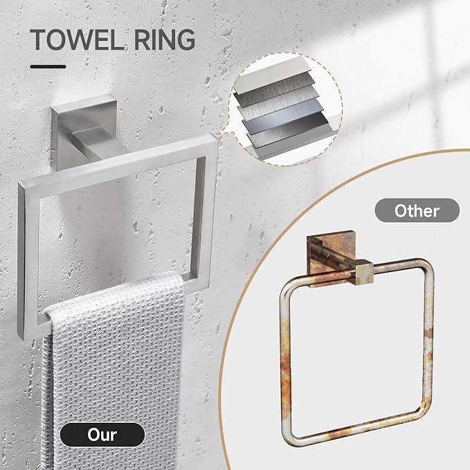 TQKAG Brushed Nickel Bathroom Hardware Accessories Set 10 Pieces, 23.6" SUS304 Stainless Steel Towel Bar Set Wall Mounted Includes Single Towel Bar, Towel Ring, Toilet Paper Holder, Double Towel Hooks - ModernBath