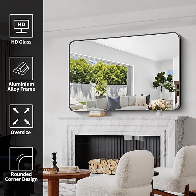 CIVENO Bathroom Mirror, 55 x 36 inch Black Rectangle Wall Mirror, Metal Frame Rounded Corner Vanity Mirror, Large Wall Mounted Mirrors for Over Sink Bedroom Living Room Horizontal Or Vertical Mounting - ModernBath