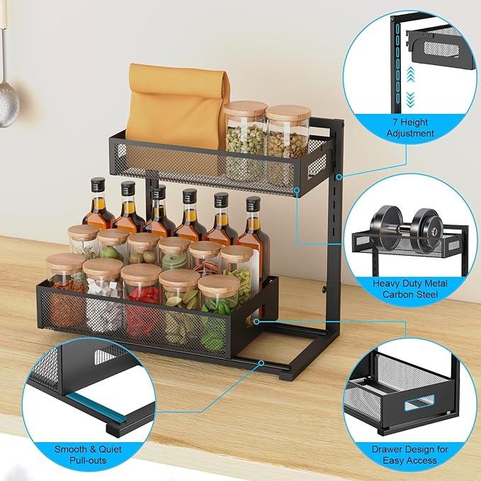 Under Sink Organizer Pull Out Cabinet Organizer Adjustable Height 2 Tier with Sliding Drawers Kitchen Bathroom Organizer and Storage(1pc) - ModernBath