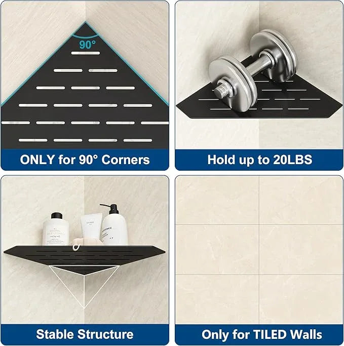 Matte Black Corner Shower Shelf, Floating Corner Shelves for Tile Wall, Tile Shower Shelf, 304 Stainless Steel Wall Storage Shelves for Bathroom, No Drilling, 10 Inch, 2 Pack - ModernBath