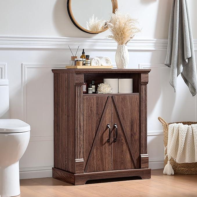 24" Farmhouse Storage Cabinet – Walnut Freestanding Buffet Sideboard with Barn Doors, Adjustable Shelf, Small Coffee Bar for Kitchen, Bathroom & Living Room - ModernBath