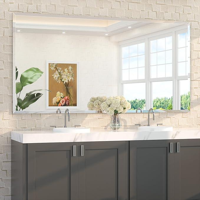 TETOTE 72" x 36" Rectangle Tempered Mirror with Frameless Beveled Edge for Vanity and Bathroom - ModernBath