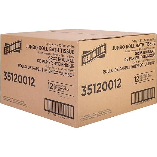 Genuine Joe Jumbo Roll Bath Tissue, 1-Ply, 3.63" x 1200', White, 12 Count - ModernBath
