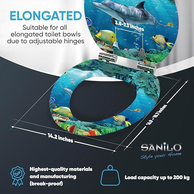 SANILO Wooden Toilet Seat with Soft Close [ELONGATED] - Decorative, Quiet & Slow Close Molded Wood Seat - With Strong Bumpers & Hinges - Adjustable Fit - Dolphin - ModernBath