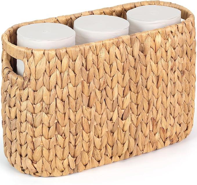 Toilet Paper Storage Holder with Built-in Handles, Water Hyacinth Toilet Papers Holder for up to 6 Mega Rolls, Wicker Toilets Paper Baskets, Decor Bathroom Storage Basket for Countertops,Shelves - ModernBath