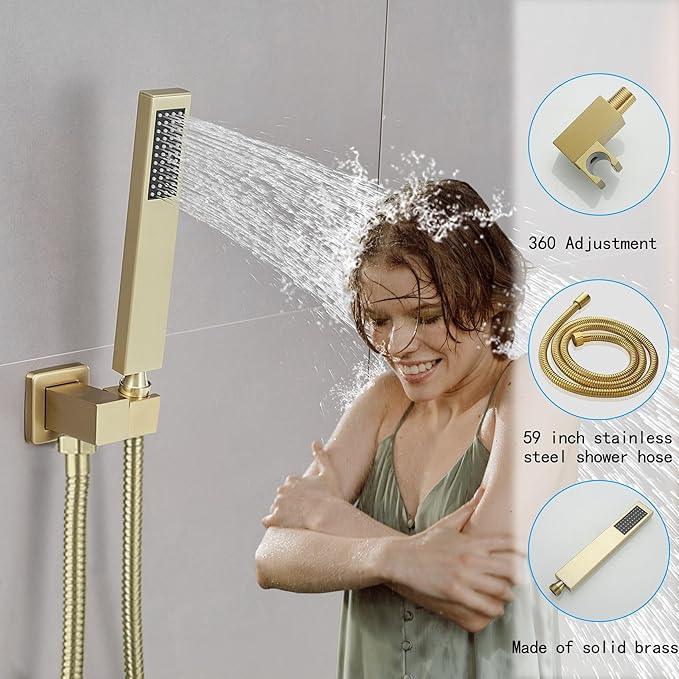 YCAIKOI Brushed Gold Shower System, 8 Inch High Pressure Rain Shower with Handheld, Wall Mount Shower Faucet Set for Bathroom, Rough-in Valve Body and Trim Included - ModernBath