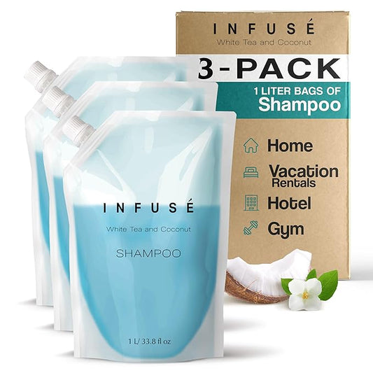 INFUSÉ 1 Liter Shampoo Refill Bag For Soap Dispensers | Bulk Toiletries for Vacation Rentals, and Home Bathroom Showers | White Tea and Coconut | Set of 3