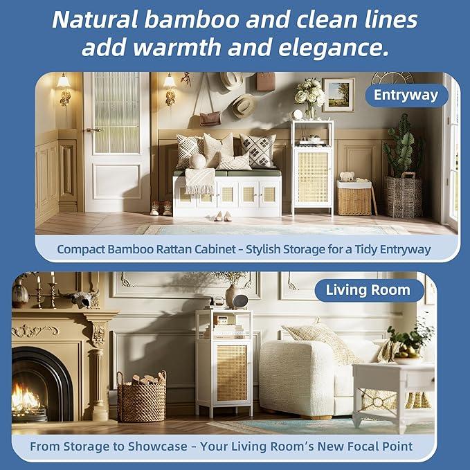 HITNET Bamboo Cabinet, Bathroom Storage Cabinet with Rattan Doors, Narrow Side Storage Organizer Freestanding Floor Cupboard for Small Space, White - ModernBath