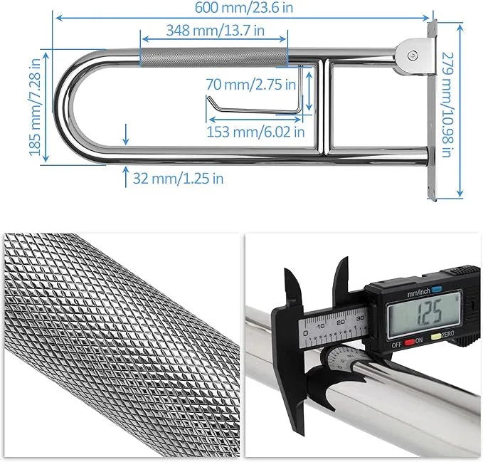 Handicap Grab Bar, 23.6 Inch Stainless Steel Toilet Safety Rails, Disabled Flip-Up Bathroom Grab Bars with Paper Holder, Anti-Slip Toilet Handrails Hand Grips Handicap Grab Bars for Elderly - ModernBath