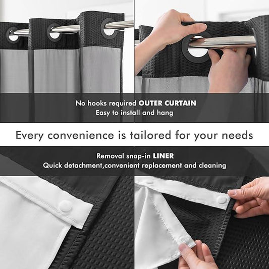 Mrs Awesome No Hook Shower Curtain with Snap-in Liner Less Time On/Off, Embossed Waffle-Look Textured Fabric Shower Curtain for Bathroom, Soft & Lightweight, 71x74, Black - ModernBath