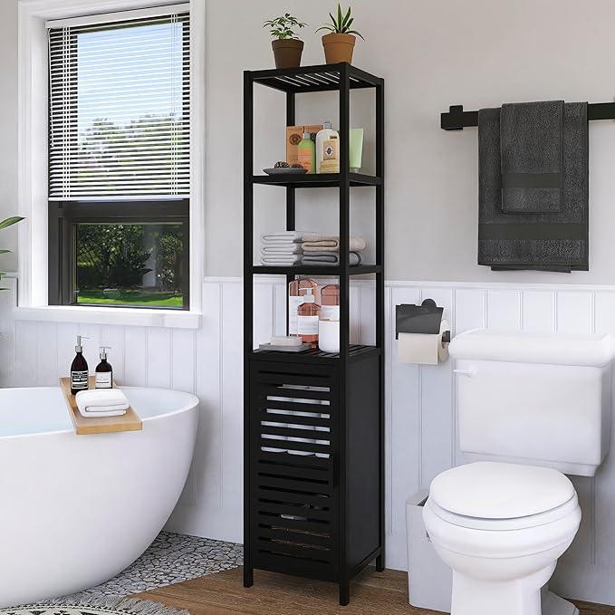 HITNET Bathroom Cabinet Freestanding, Tall Slim Bamboo Storage Cabinet with Shelves and Door, Space Saving Kitchen Cupboard Organizer, Black - ModernBath
