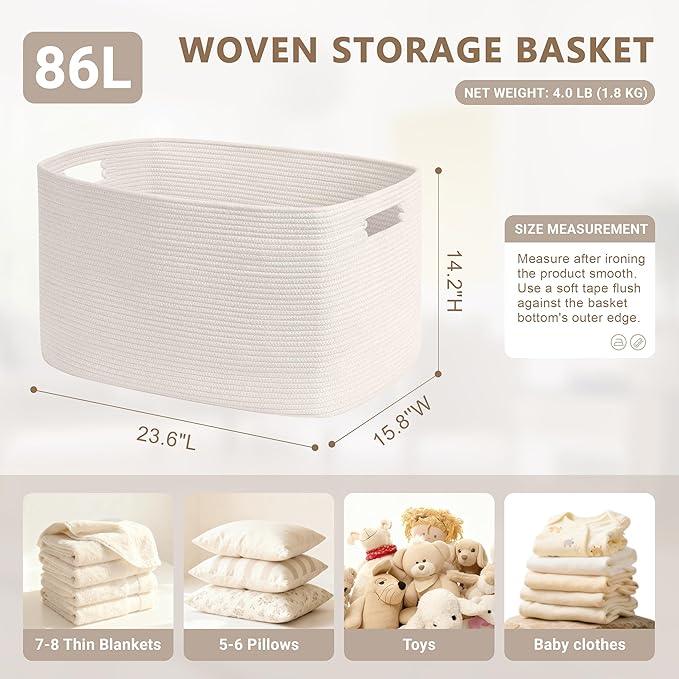 86L Large Baby Girls Laundry Basket for Nursery Storage,Cute Woven cotton Rope Baskets for Kids Toy，Gifts, Boho Square Wicker Blanket hamper for Living Room,Bedroom Dirty Clothes, White - ModernBath
