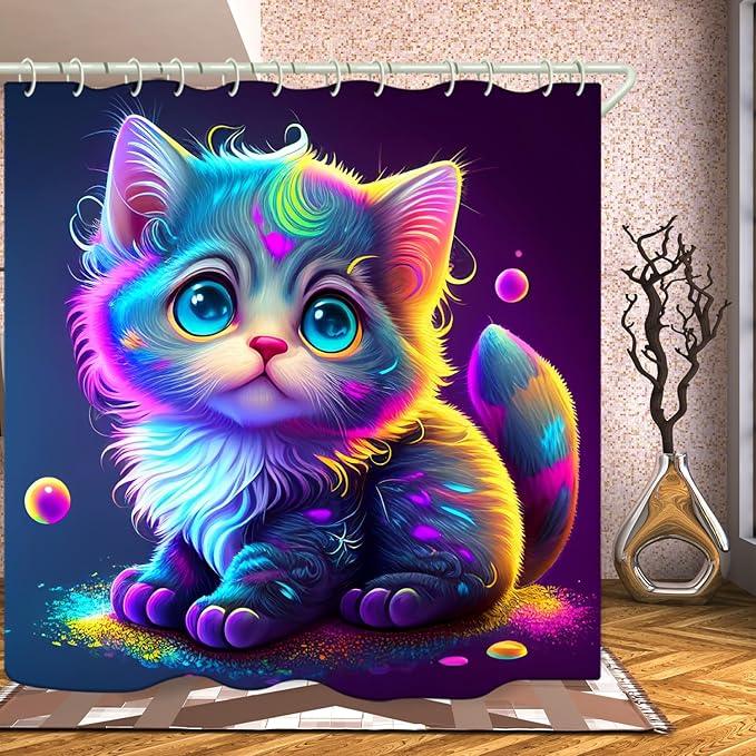 LYFANS Bathroom with Colorful Cat 3D Shower Curtains, Deluxe Bathtub Standard Shower Curtain, Waterproof and Bright Fabric Shower Curtain Size (72x72 Inches) - ModernBath