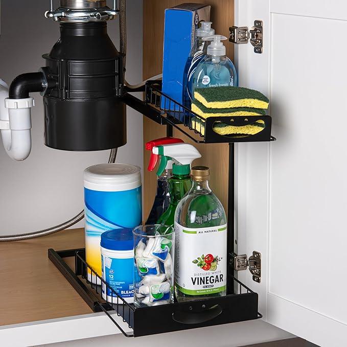 ClearSpace Under Sink Organizer, Pull Out Cabinet Organizer - 2 Tier Slide Out Organizers and Storage Shelf - Metal Sliding Drawer for Kitchen Bathroom Pantry Cabinet Organization Rack, Black - ModernBath