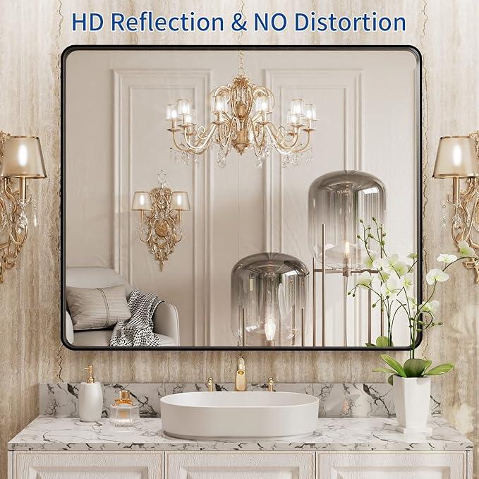 WEER 36X30 Inch Black Metal Framed Bathroom Mirror, Matte Black Bathroom Vanity Mirror, Rectangular Black Wall Mirror for Bathroom, Tempered Glass, Rounded Corner, Hangs Horizontal or Vertical - ModernBath