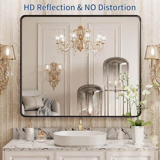 WEER 36X30 Inch Black Metal Framed Bathroom Mirror, Matte Black Bathroom Vanity Mirror, Rectangular Black Wall Mirror for Bathroom, Tempered Glass, Rounded Corner, Hangs Horizontal or Vertical - ModernBath